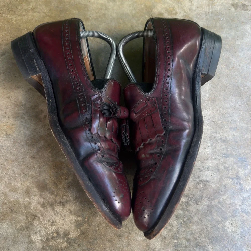 Vintage 90s Johnston and Murphy Tassel Loafers Wingtip Brogue Burgundy 8 D
